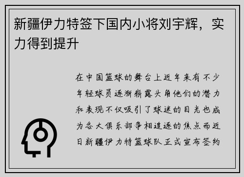 新疆伊力特签下国内小将刘宇辉，实力得到提升