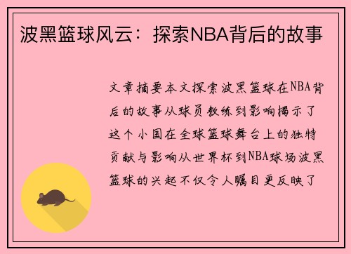 波黑篮球风云：探索NBA背后的故事